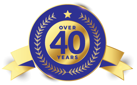 Decorative seal with the text "Over 40 Years"